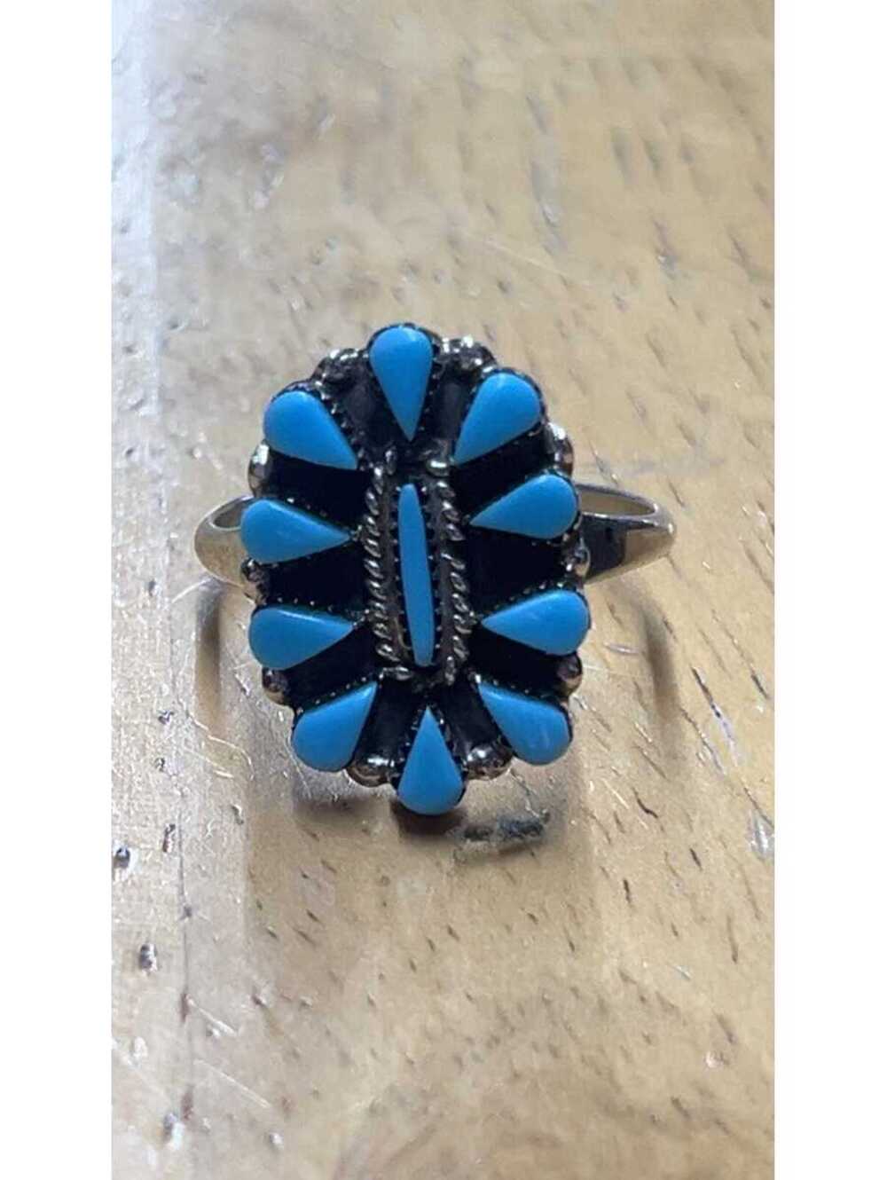 Zuni petit point cluster turquoise traditional sterling silver ring size 6
